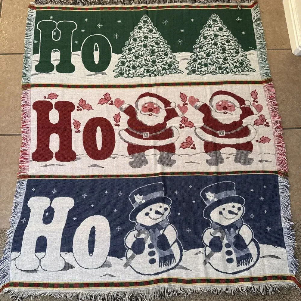 Vintage‎ Santa Snowman Christmas Bear Throw Fringe Picken Blanket Winter 60x60